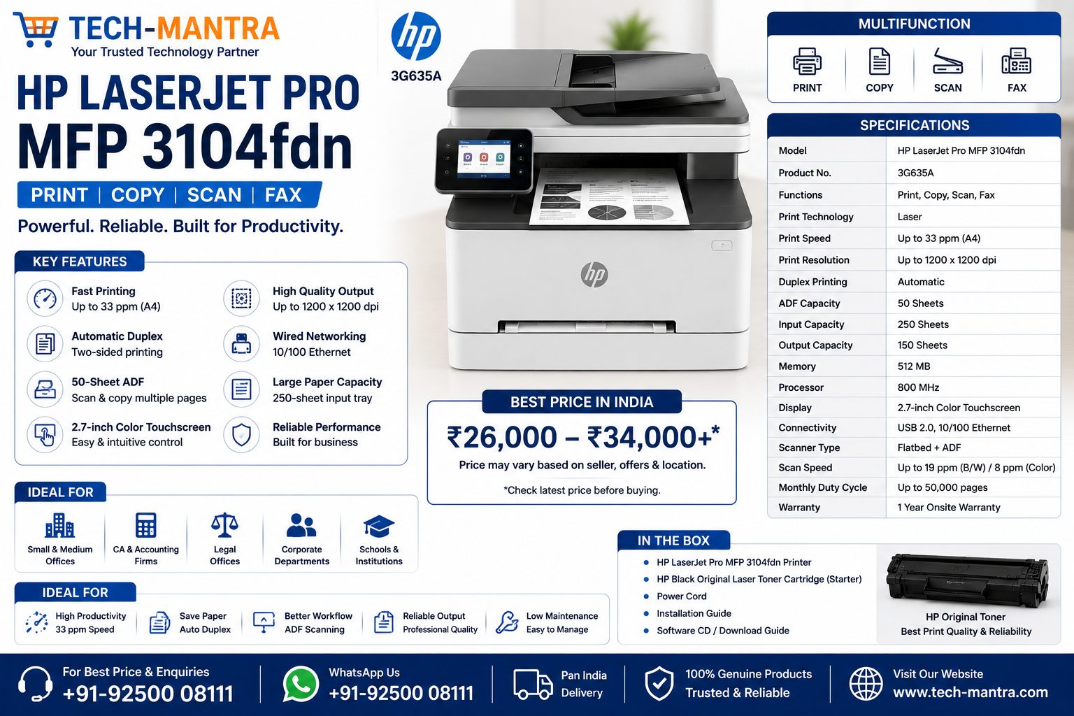 HP LaserJet Pro MFP 3104fdn Price in India 2026 – Specifications & Review