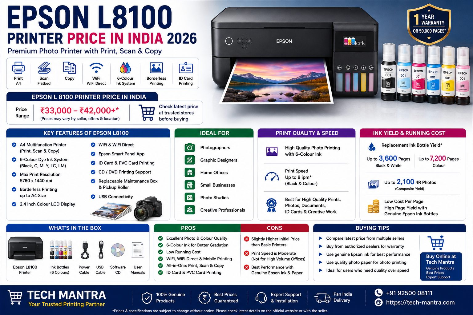 Epson L8100 Printer Price in India 2026 – Features, Ink Cost & Buying Guide