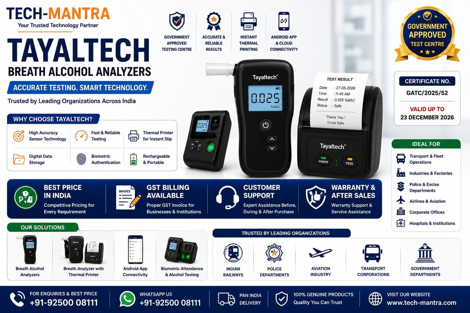 Tayaltech Breath Analyzer – Best Price, Government Approved Testing & GST Billing Support